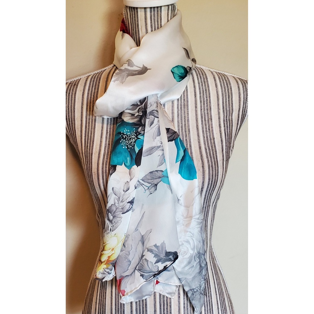 Vintage 100% Silk Rectangular Scarf Floral Bird‎ Print Teal Red White 68x20